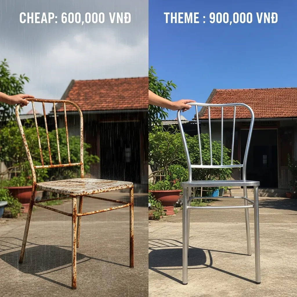 So sánh hai ghế: trái rẻ tiền gỉ sét dưới mưa, phải chất lượng cao bền đẹp dưới nắng.