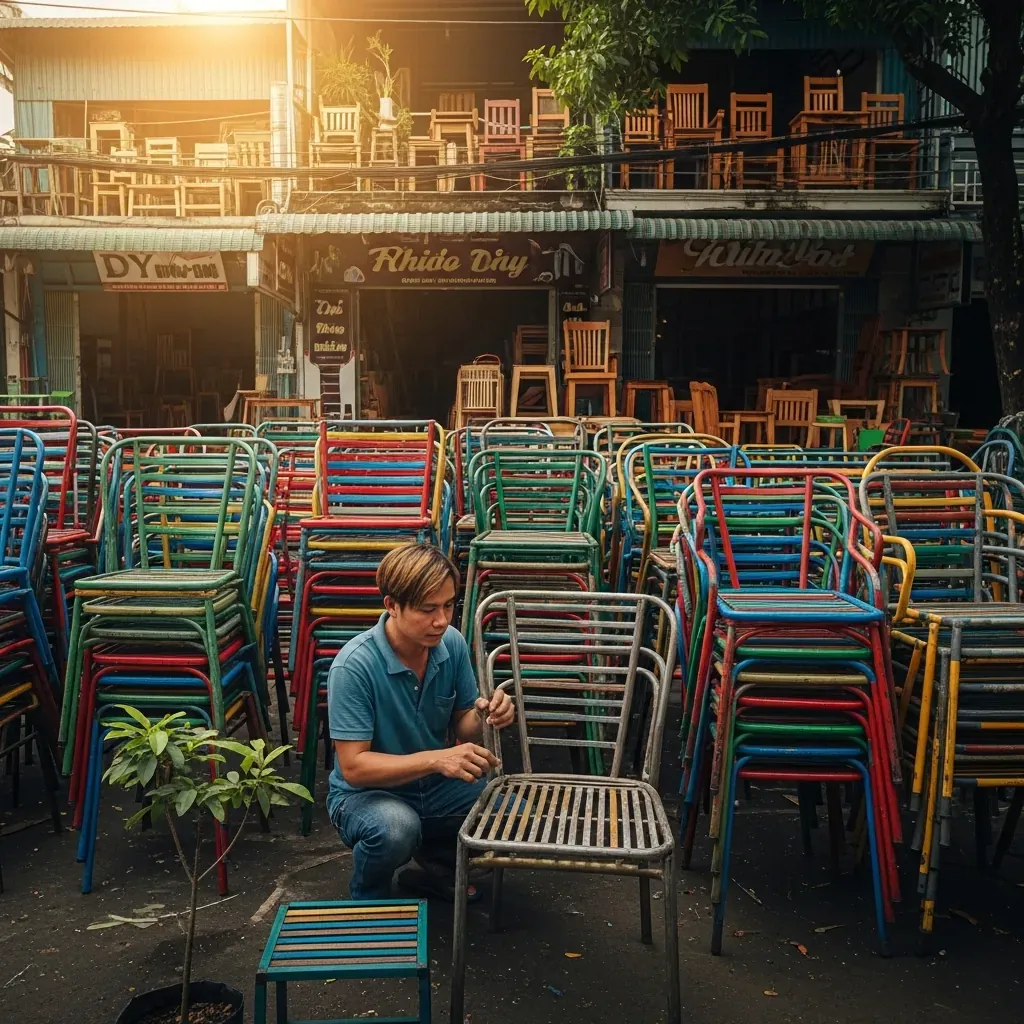 Xưởng nội thất ngoài trời Việt Nam với nhiều ghế sắt xếp chồng, người thợ kiểm tra khung ghế, bối cảnh phố xá nhộn nhịp.