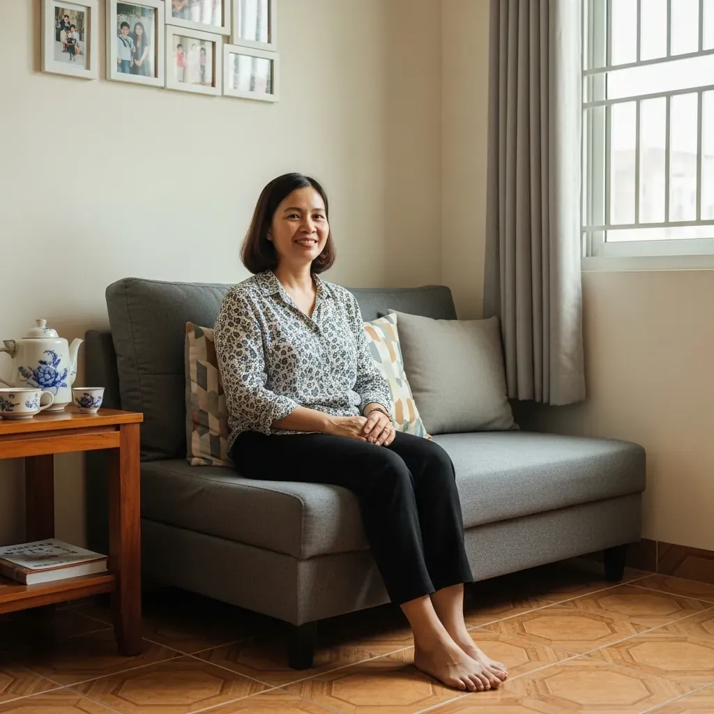 Cô Hoa ngồi trên ghế sofa xám trong phòng khách nhỏ.