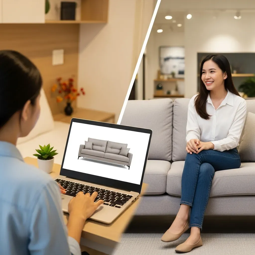 Ghép cảnh mua online và mua trực tiếp tại showroom.
