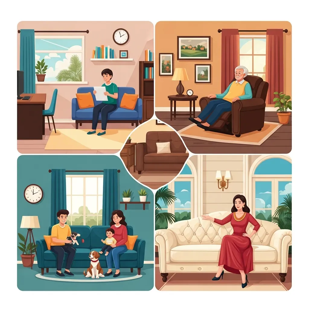 Minh họa bốn hồ sơ người dùng với các mẫu ghế sofa đơn khác nhau.