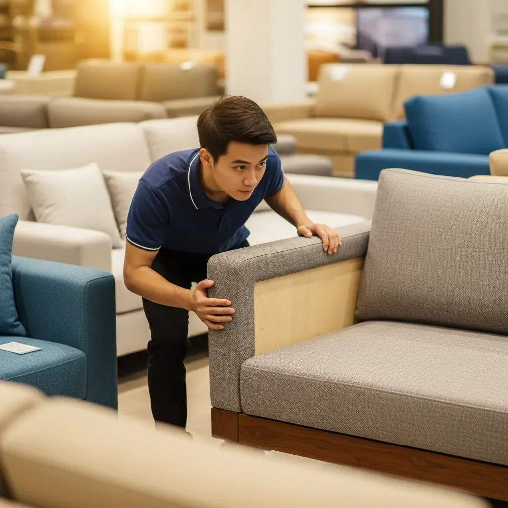 Người đàn ông kiểm tra chất lượng ghế sofa tại cửa hàng.