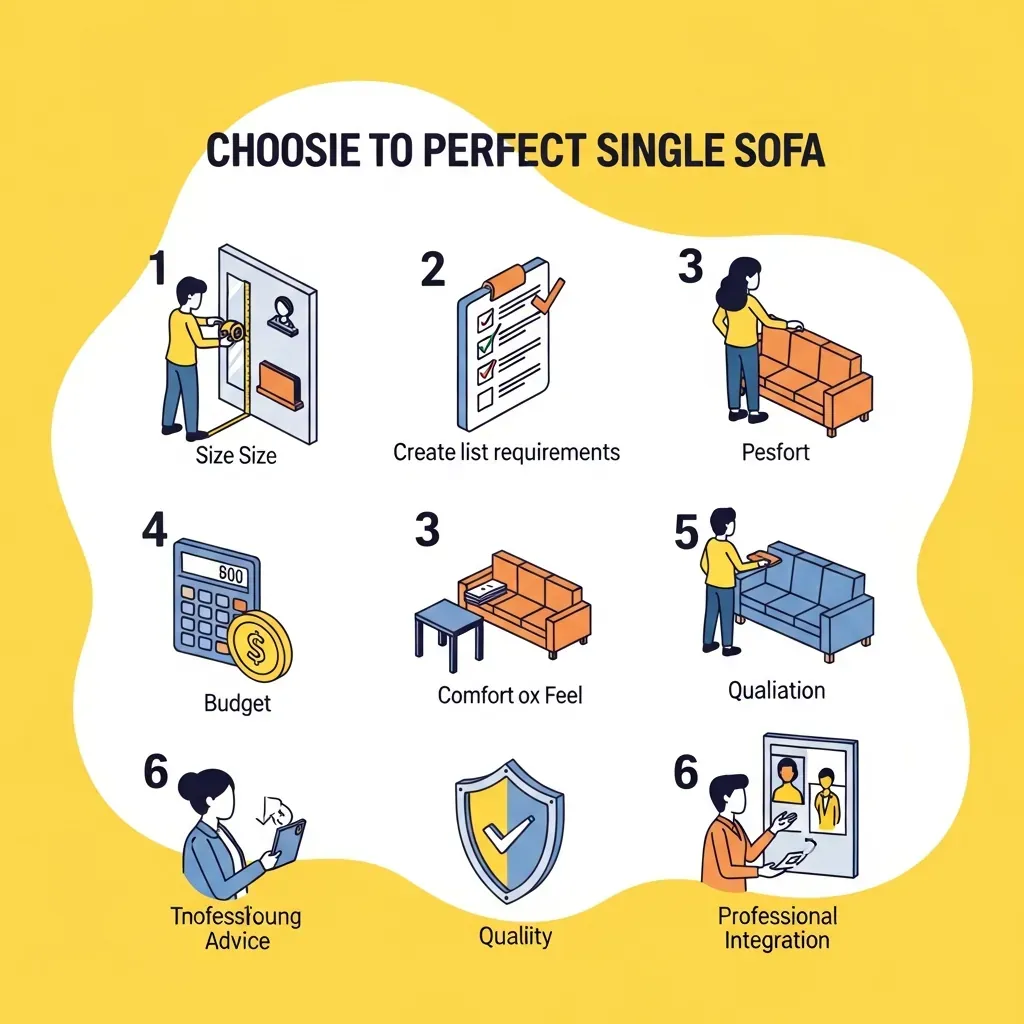 Sáu bước chọn mua ghế sofa đơn được minh họa bằng biểu tượng.