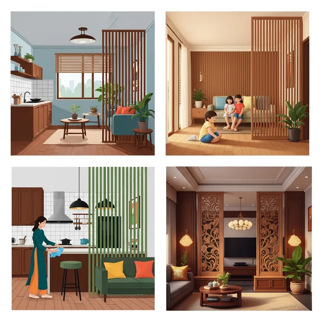 Bốn phòng khách Việt Nam tương ứng với bốn lựa chọn vật liệu vách ngăn gỗ: MDF lam thưa, gỗ tự nhiên chắc chắn, MDF chống ẩm gần bếp, và CNC nghệ thuật.