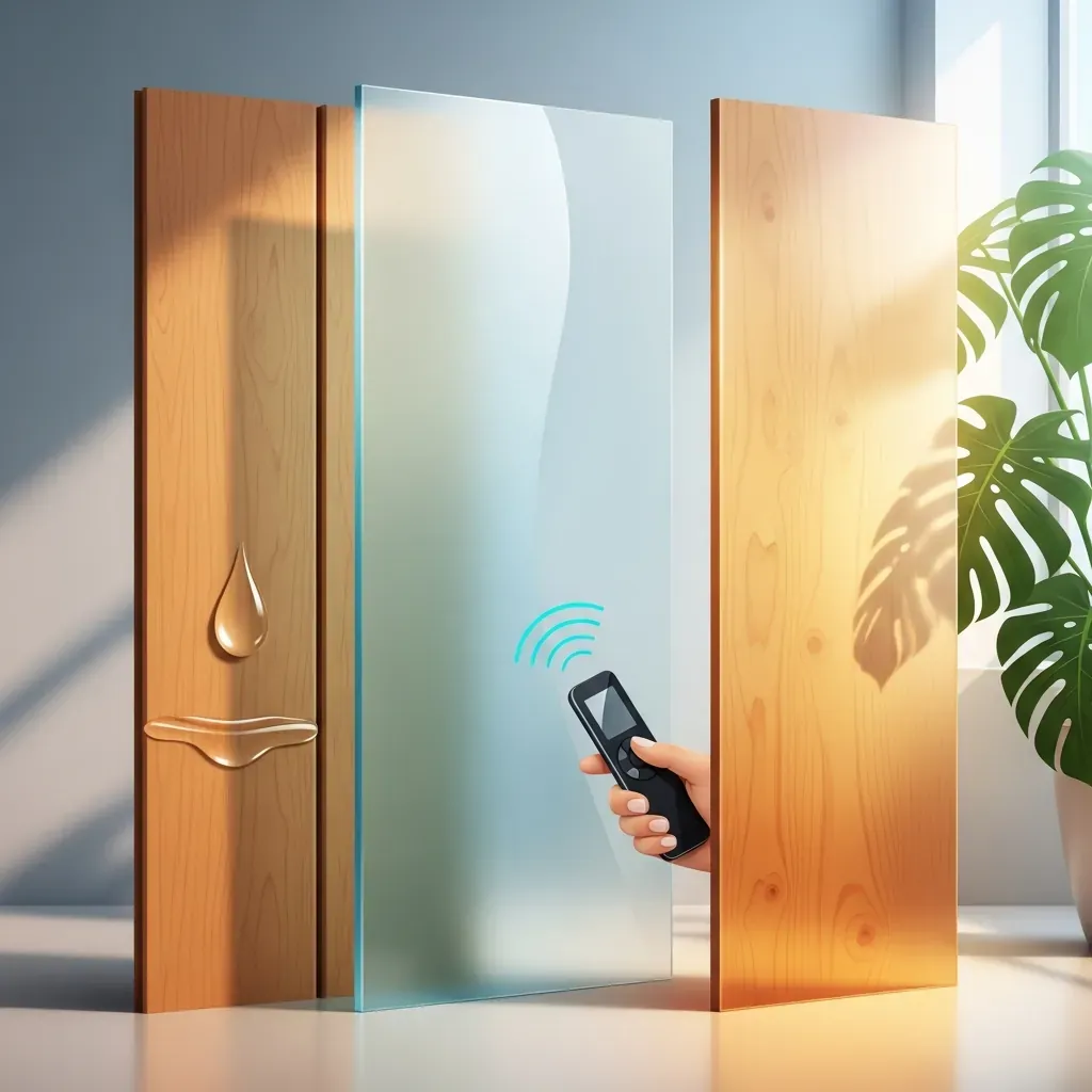 Minh họa ba vật liệu mới: gỗ nhựa composite, kính thông minh và gỗ trong suốt, cho vách ngăn hiện đại.
