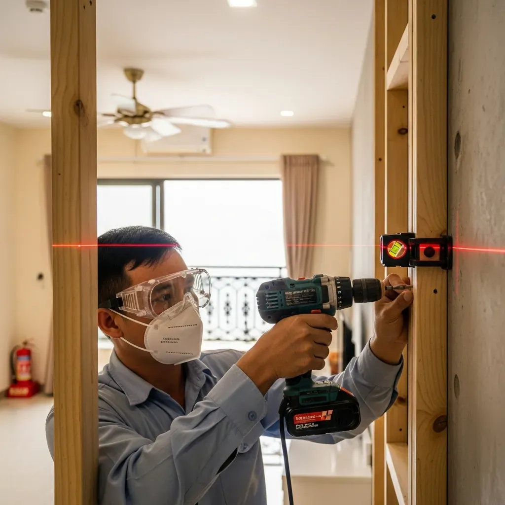 Thợ Việt Nam đeo kính bảo hộ đang khoan tường để lắp khung vách gỗ, có máy cân bằng laser hỗ trợ.