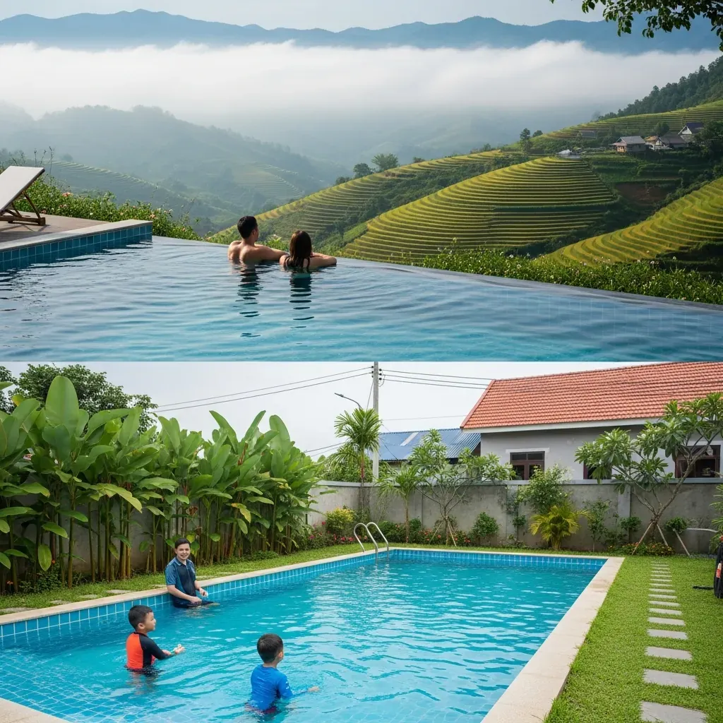 Ảnh ghép: hồ bơi vô cực nhìn ra ruộng bậc thang và hồ bơi gia đình ở sân vườn, đều có người Việt sử dụng.