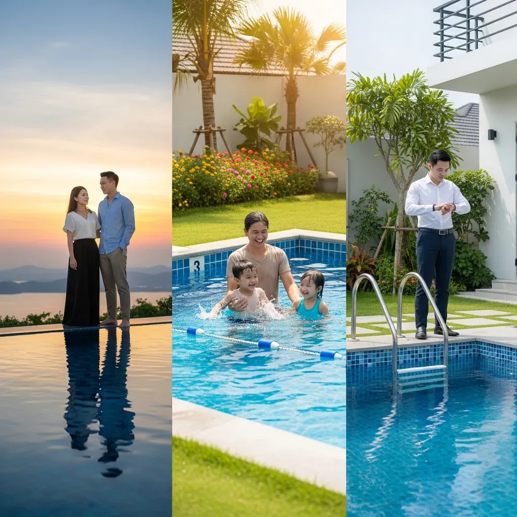 Ba nhóm người Việt với phong cách sống khác nhau bên cạnh các loại hồ bơi phù hợp: vô cực, gia đình, composite gọn nhẹ.