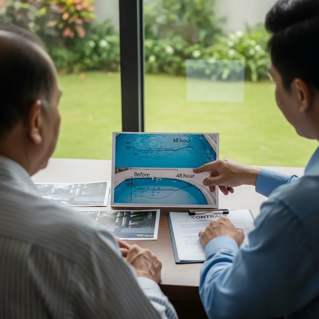 Cuộc gặp giữa chủ nhà và nhà thầu người Việt, bàn tay chỉ vào ảnh thử nước tĩnh, hợp đồng đặt trên bàn.