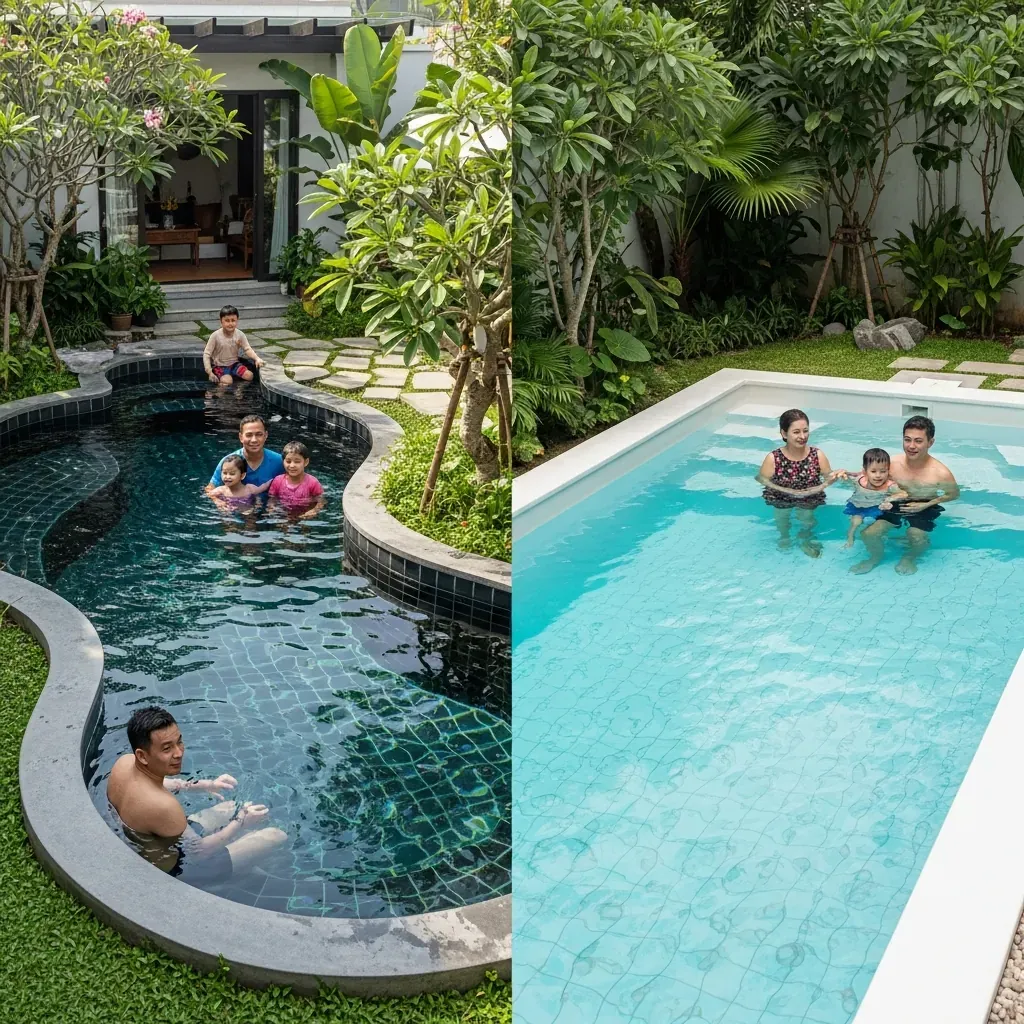 Hai hồ bơi trong cùng một khu vườn Việt: bên trái hồ bê tông màu sẫm, bên phải hồ composite trắng, gia đình đang dùng.