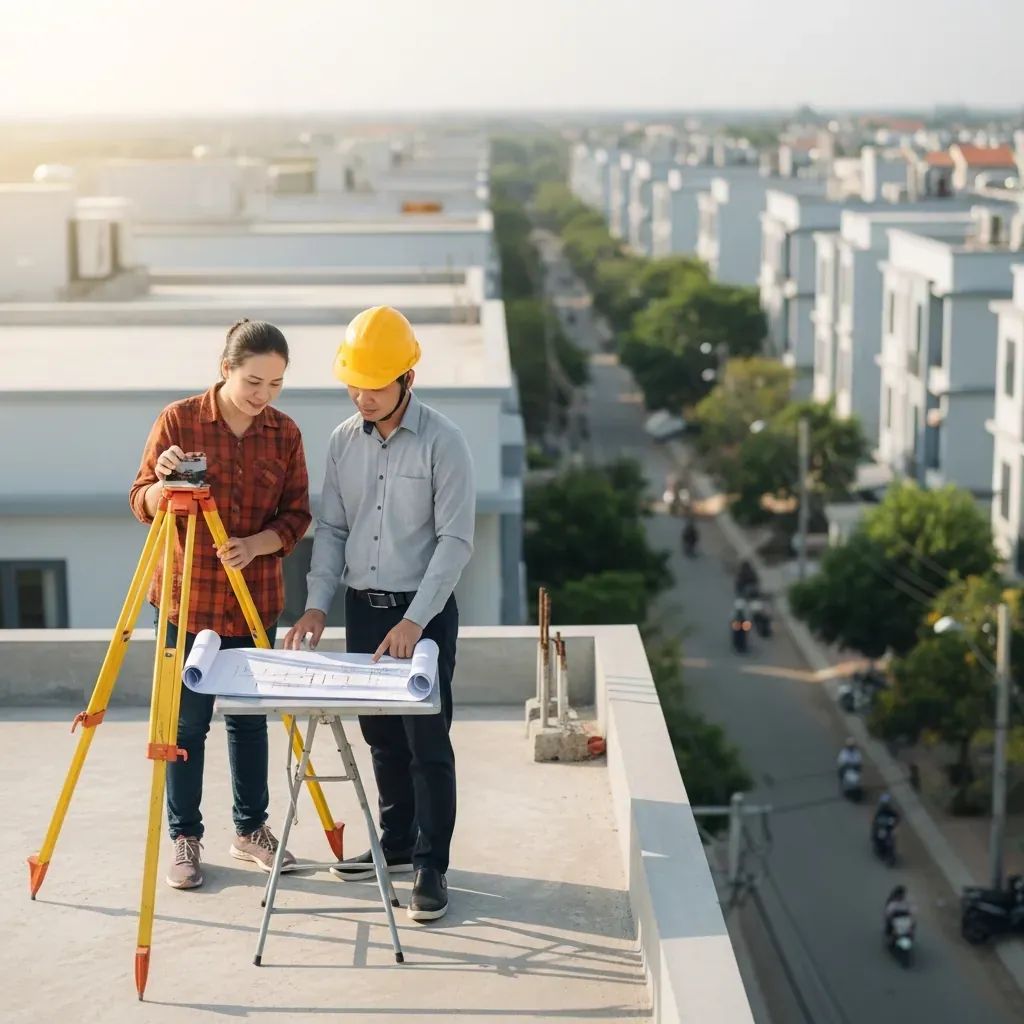 Kỹ sư và chủ nhà người Việt trên sân thượng, xem bản vẽ khảo sát, khung cảnh đô thị phía sau.