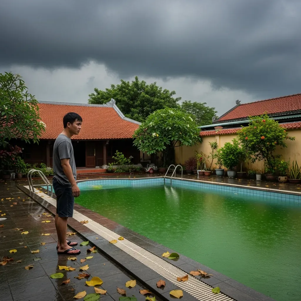 Người đàn ông Việt buồn bã nhìn hồ bơi đầy nước xanh rêu sau mưa lớn, lá ướt vương vãi.