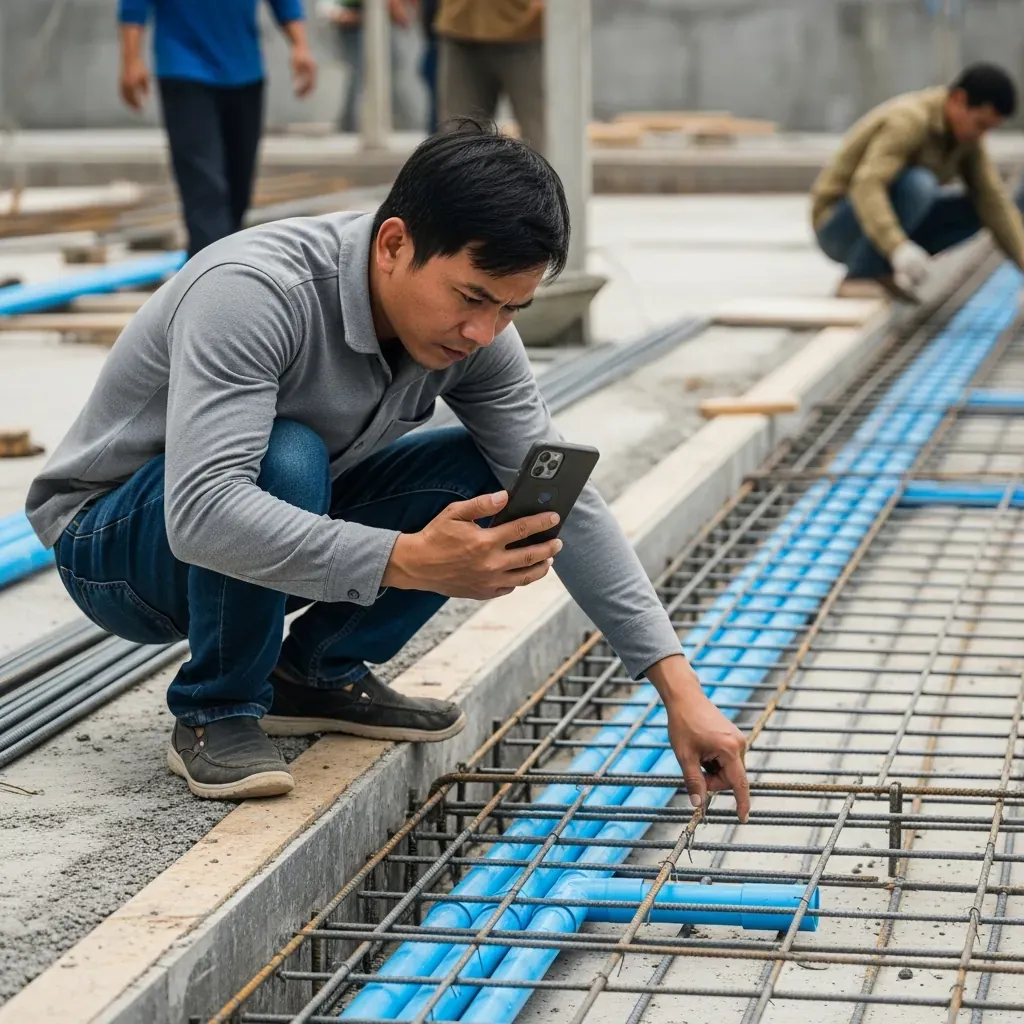 Người đàn ông Việt đang dùng điện thoại chụp ảnh hệ thống thép và ống trước khi đổ bê tông hồ bơi.