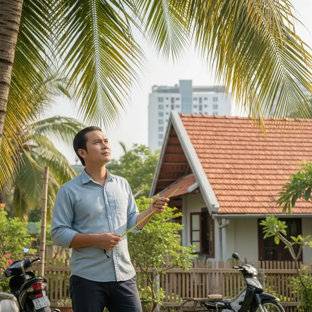 Người đàn ông Việt Nam đang suy nghĩ trong khu vườn nhiệt đới, tay cầm thước dây, phía sau là ngôi nhà ống đặc trưng.