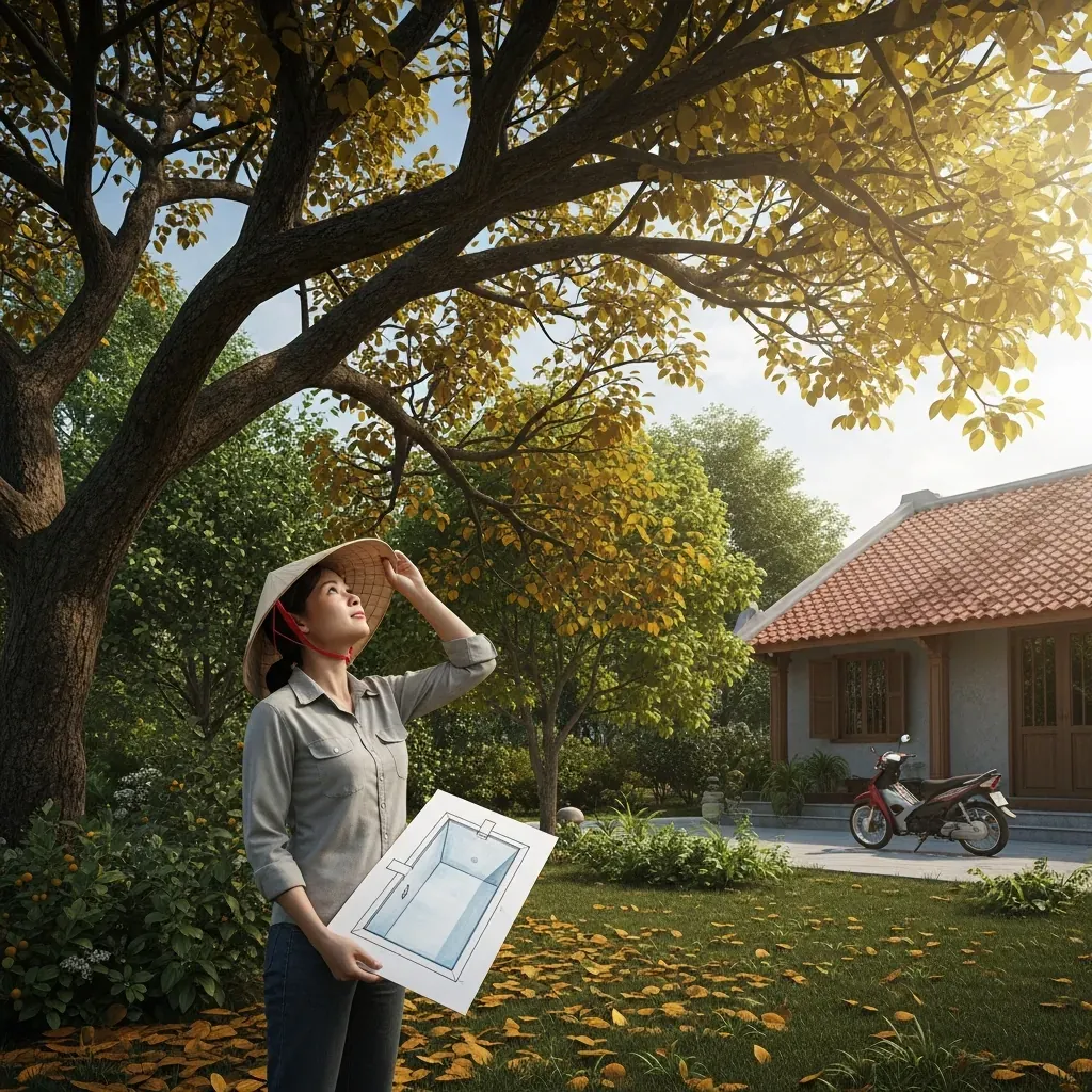 Người phụ nữ Việt trong vườn nhỏ, quan sát hướng nắng và lá rụng, tay cầm phác thảo hồ bơi chữ nhật.