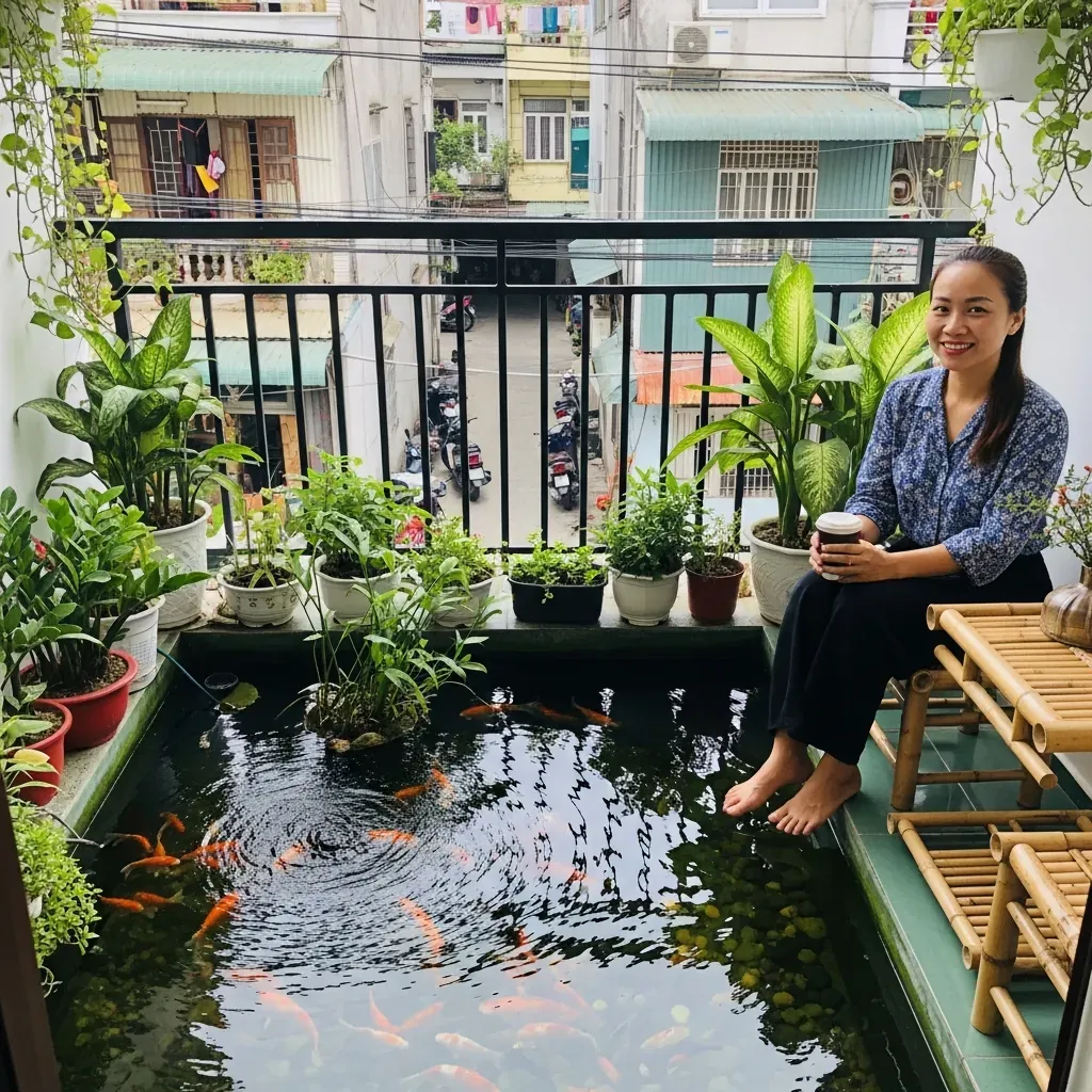 Ban công nhà phố Việt với hồ cá koi mini nhỏ gọn, cây xanh và người phụ nữ thư giãn.