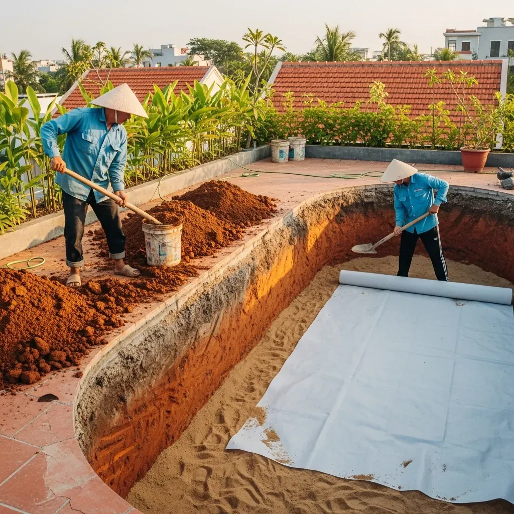 Công nhân đào hố và trải vải địa kỹ thuật cho hồ koi mini.