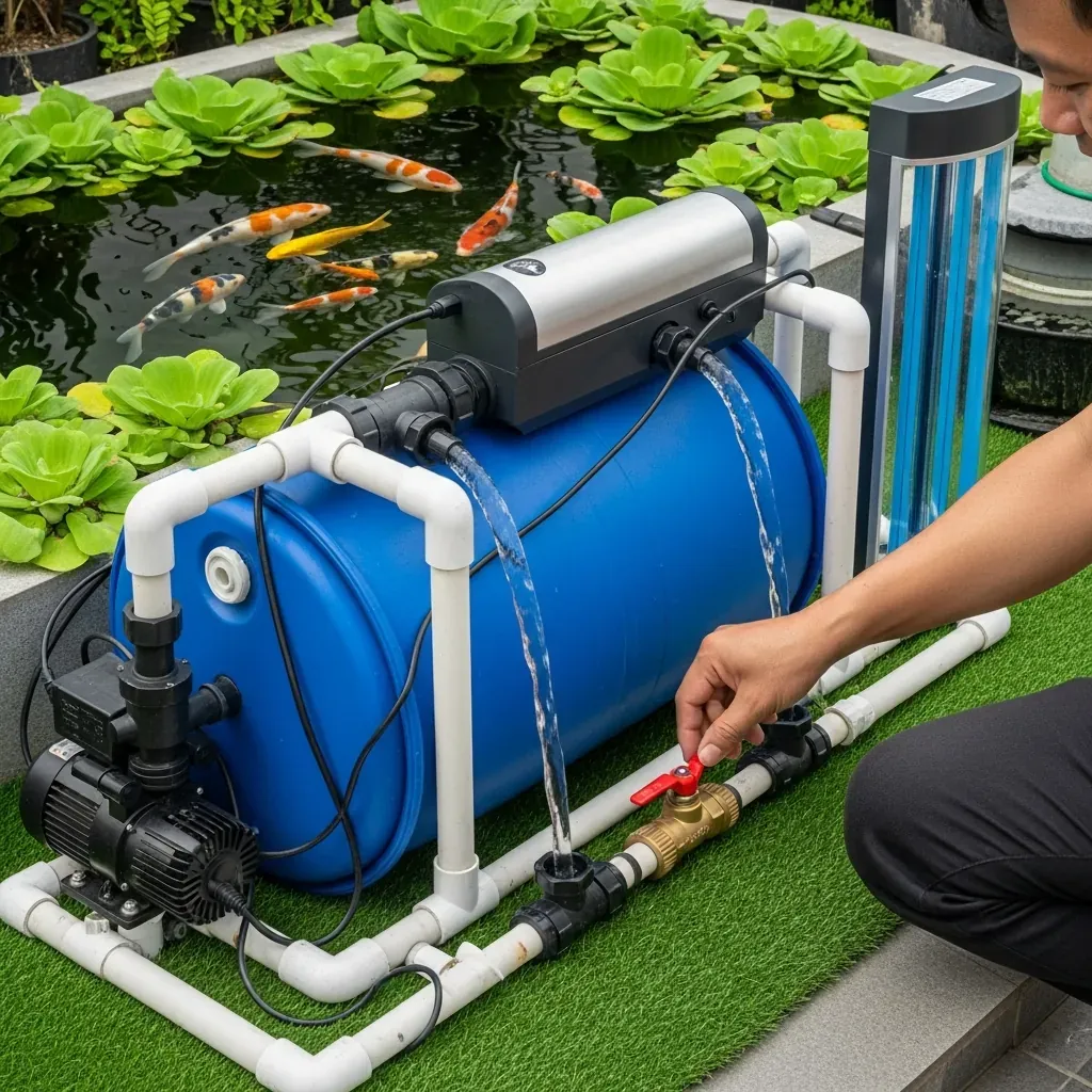 Hệ thống lọc nước gồm thùng lọc, máy bơm và đèn UV cho hồ koi mini.