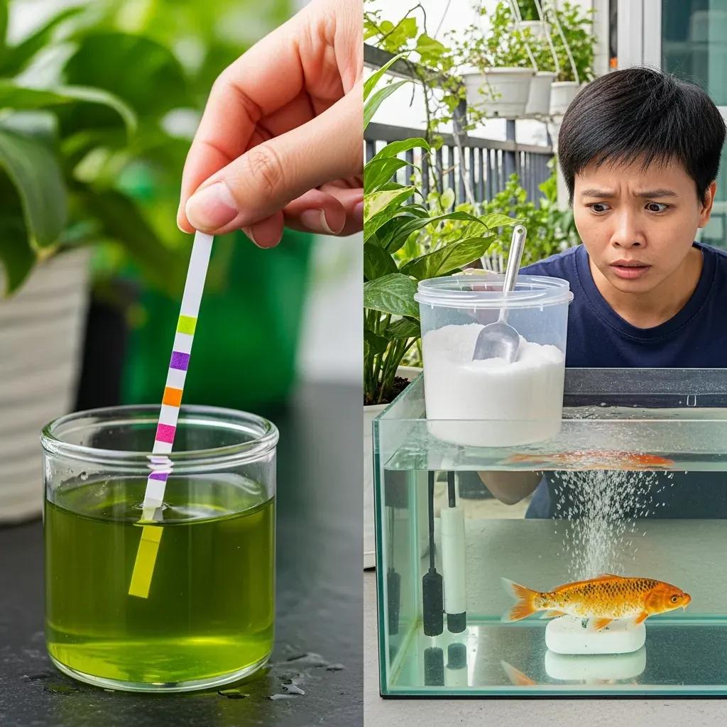 Kiểm tra nước bằng que thử và tắm muối cho cá bị bệnh trong bể cách ly.