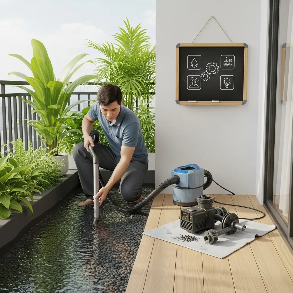 Người đàn ông đang hút cặn đáy hồ và vệ sinh máy bơm, kèm lịch biểu tượng bảo trì.