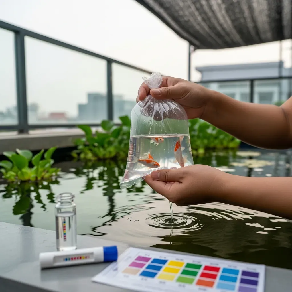 Người nuôi thả túi cá koi nổi trên mặt hồ để cân bằng nhiệt và kiểm tra chất lượng nước.