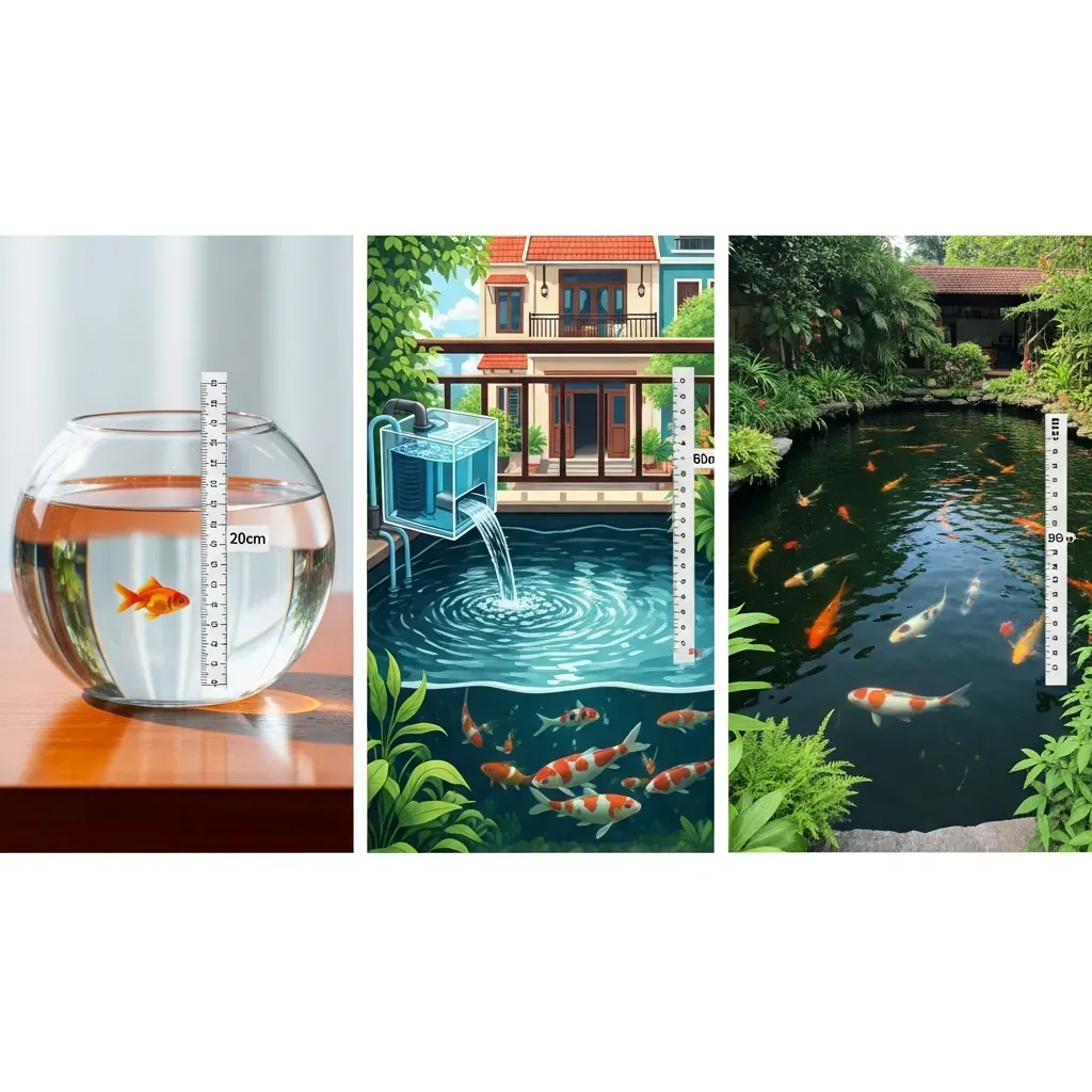 So sánh ba loại hồ: bể cá vàng nông, hồ koi mini ban công, và hồ koi truyền thống ngoài trời.