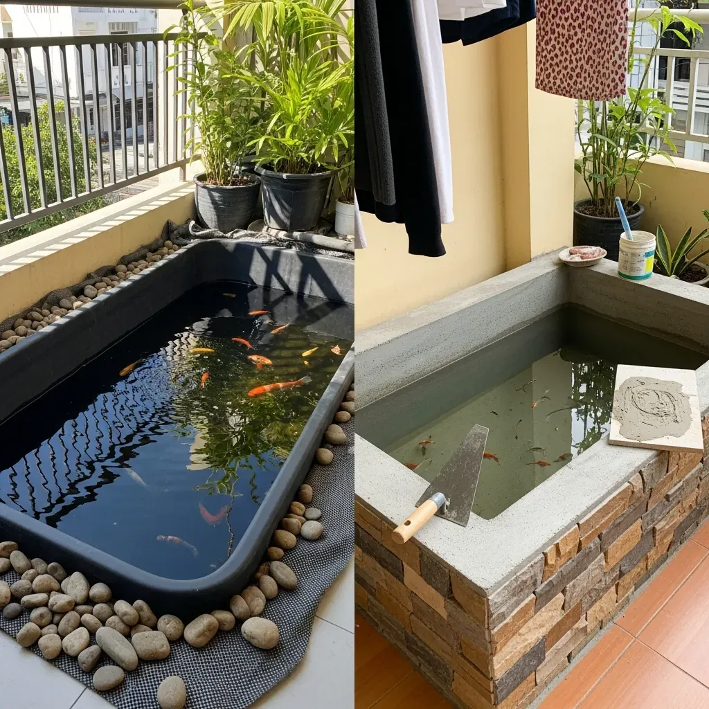 So sánh hồ lót bạt HDPE và hồ bê tông trên ban công.