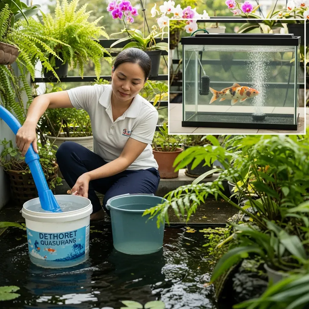 Thay nước định kỳ và cách ly cá mới để phòng bệnh cho hồ koi mini.