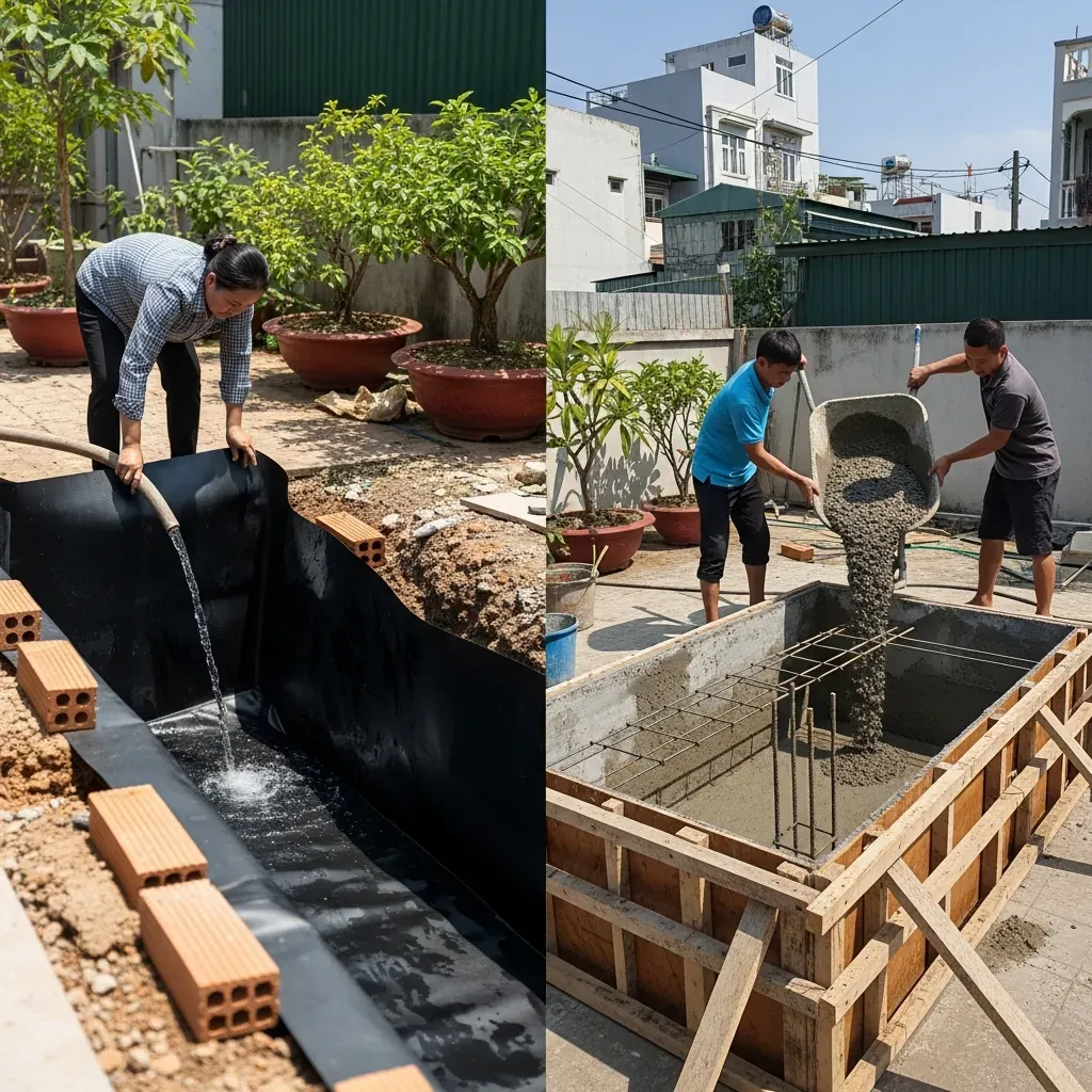 Thi công lòng hồ: bên trái trải bạt HDPE, bên phải đổ bê tông cho hồ koi mini.