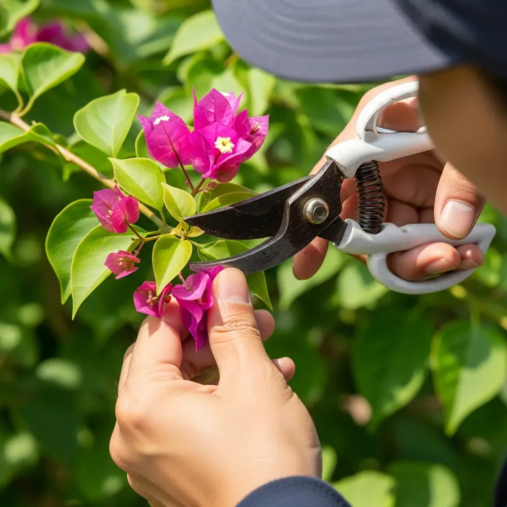Bàn tay cầm kéo cắt tỉa một chùm hoa giấy đã tàn, để lại vài mắt lá khỏe trên cành.