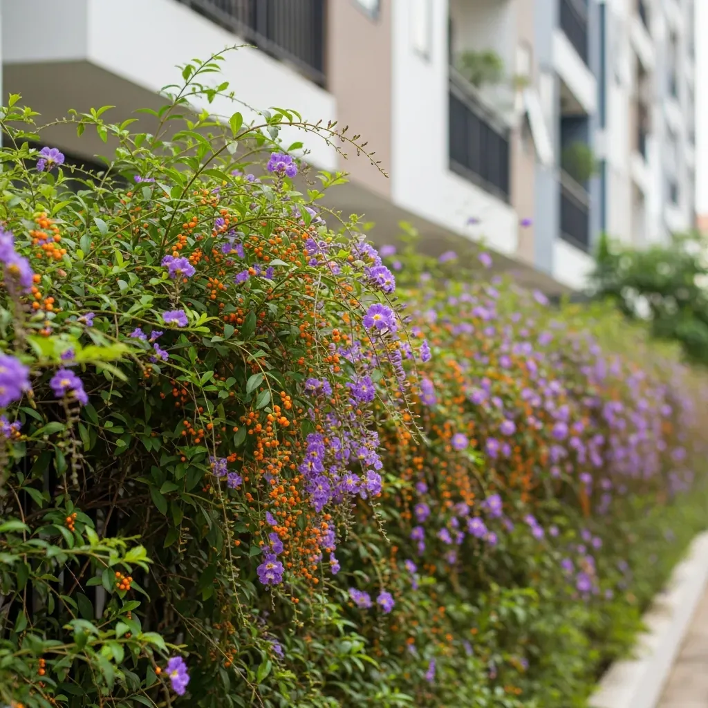 Chuỗi ngọc tím rủ xuống với quả vàng cam nhỏ xinh, trồng dọc tường rào chung cư hiện đại.