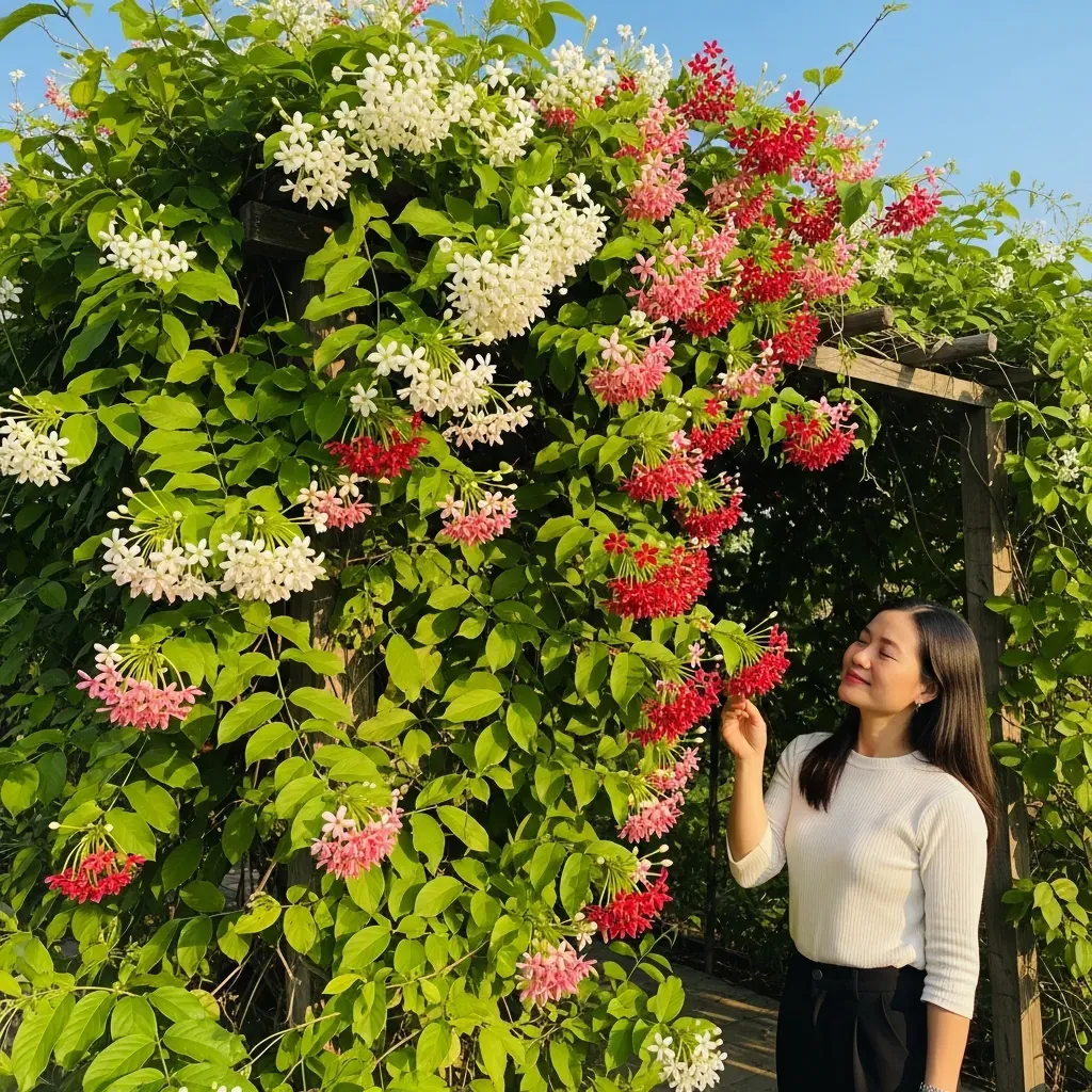 Dây sử quân tử leo giàn gỗ với ba sắc hoa trắng, hồng, đỏ cùng một lúc, người phụ nữ Việt đứng gần hít hà hương thơm.