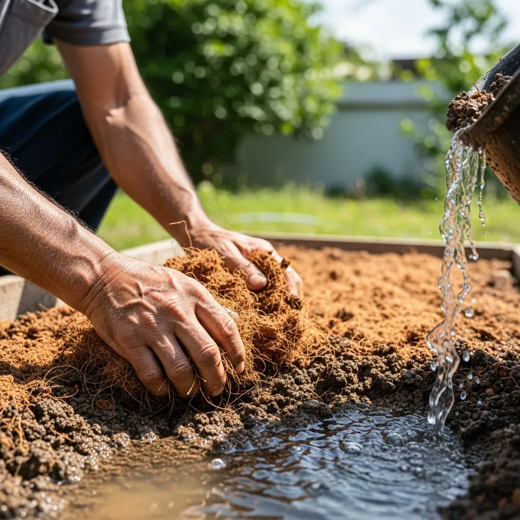 Đôi tay người làm vườn Việt đang trộn cát và xơ dừa vào đất sét, cạnh hố thử nước thoát nhanh.