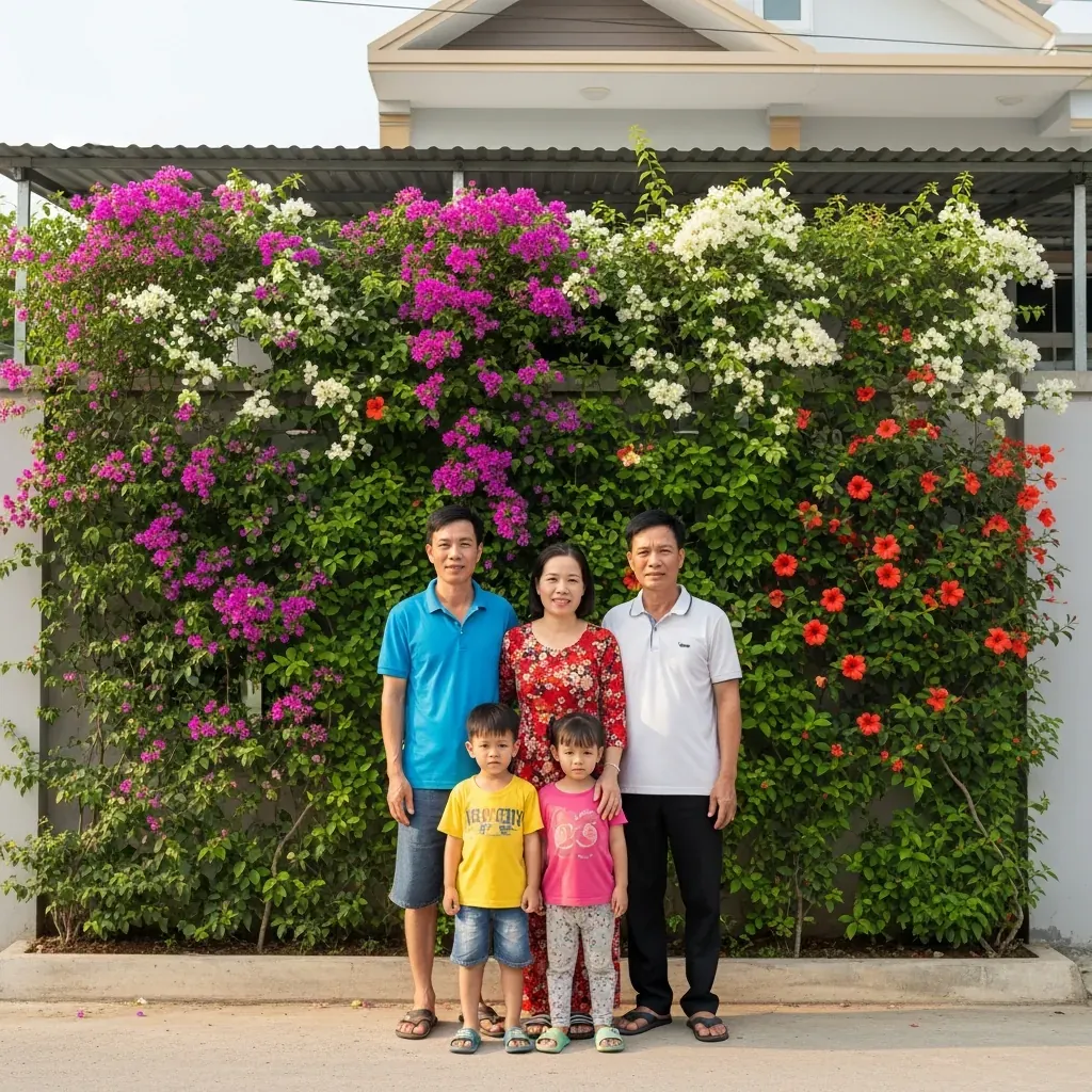Gia đình Việt Nam đứng trước ngôi nhà có hàng rào bê tông dài 24m đã được phủ kín hoa giấy, sử quân tử và dâm bụt rực rỡ.