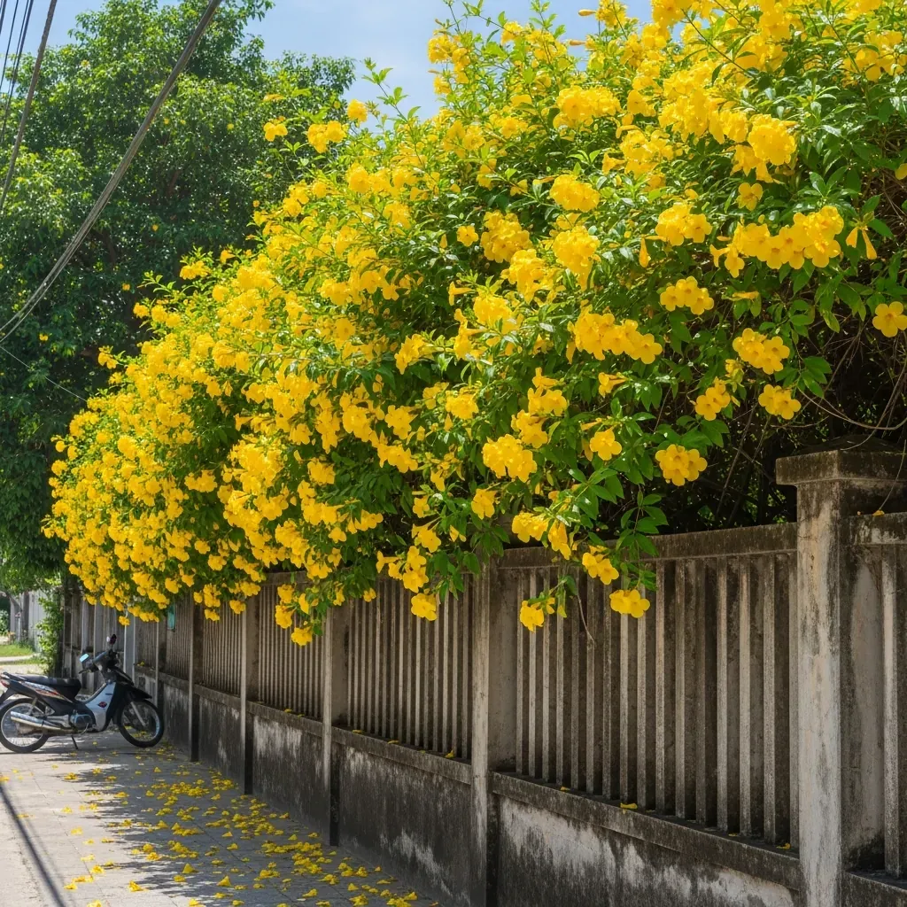 Hàng rào huỳnh anh vàng rực nở đồng loạt, bên cạnh chiếc xe máy quen thuộc trong khu vườn Việt.