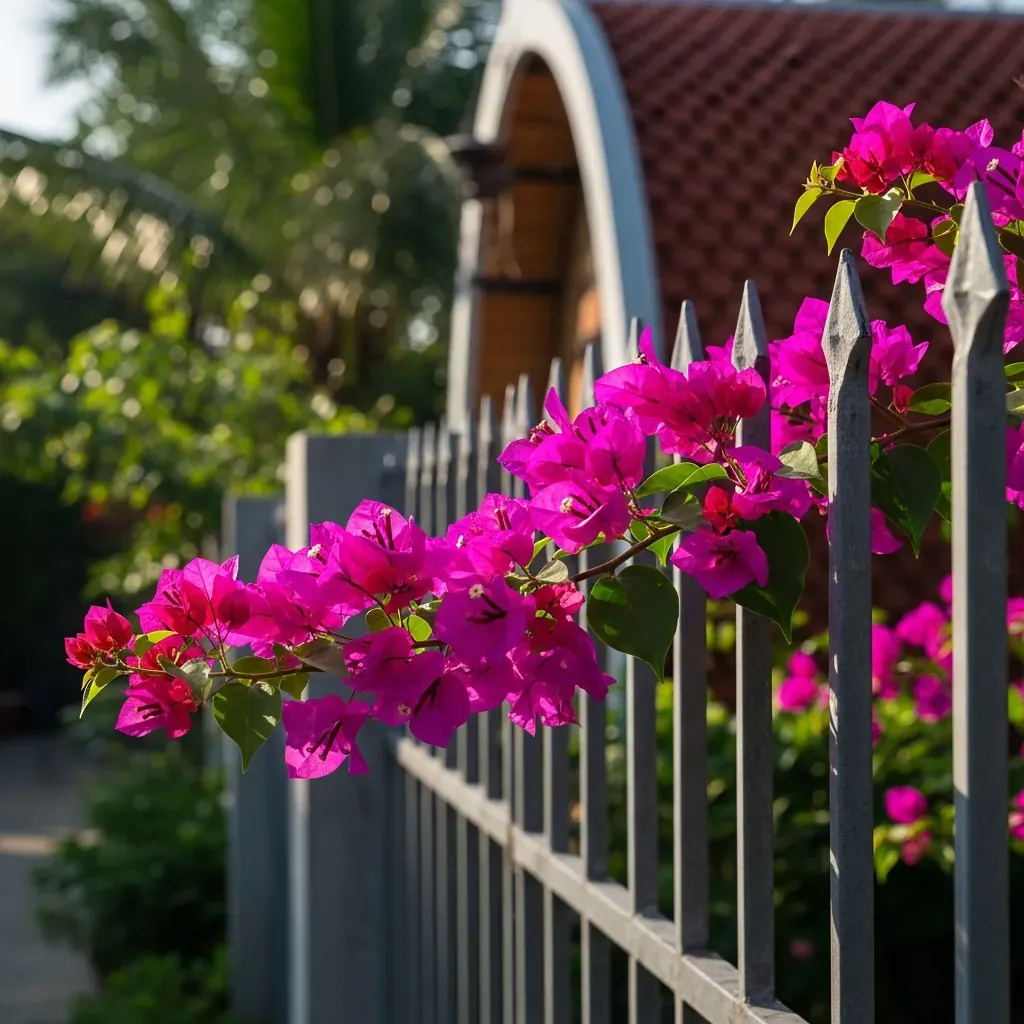 Hoa giấy màu hồng rực phủ kín hàng rào sắt trước nhà ống Việt Nam trong nắng sớm.