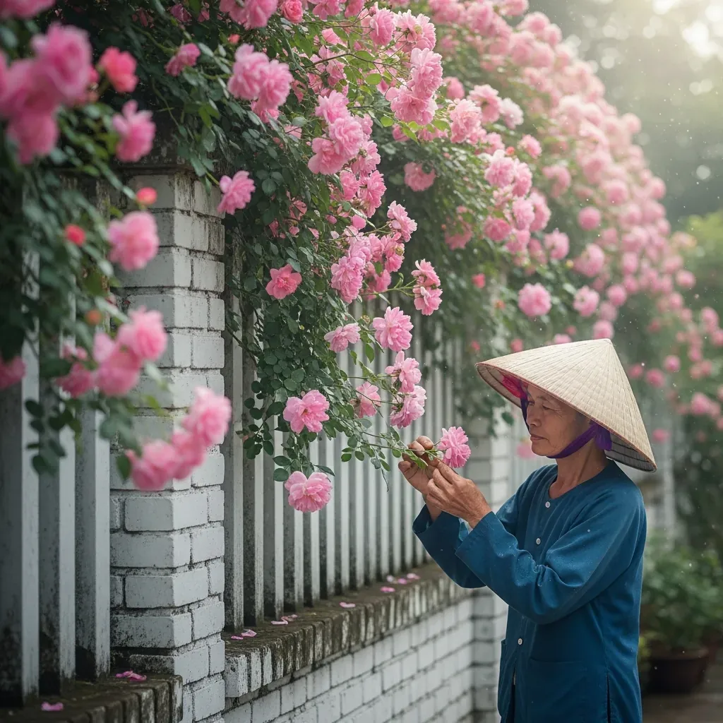 Hồng leo hồng phấn phủ kín tường rào trắng, cụ bà Việt Nam đội nón lá ngắm hoa trong sương sớm.