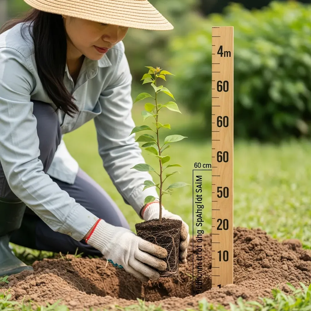Người phụ nữ Việt đặt cây giống hoa giấy xuống hố, que đo gỗ đánh dấu khoảng cách 60 cm.