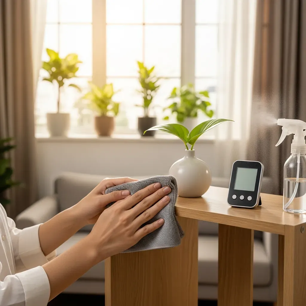 Bàn tay phụ nữ Việt đang lau kệ gỗ vách ngăn bằng khăn sợi nhỏ.