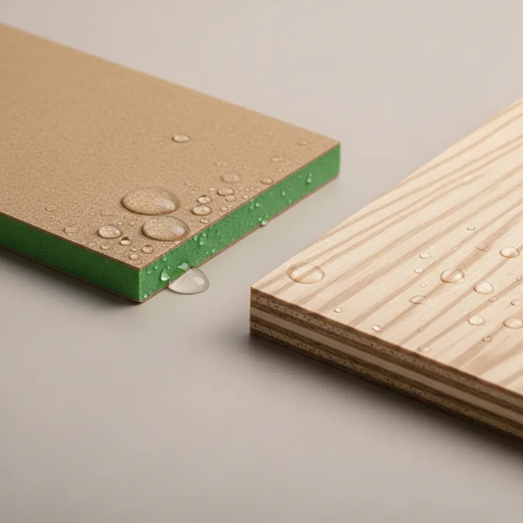 Hai mẫu gỗ MDF lõi xanh và ván ép với giọt nước trên bề mặt thể hiện khả năng chống ẩm.