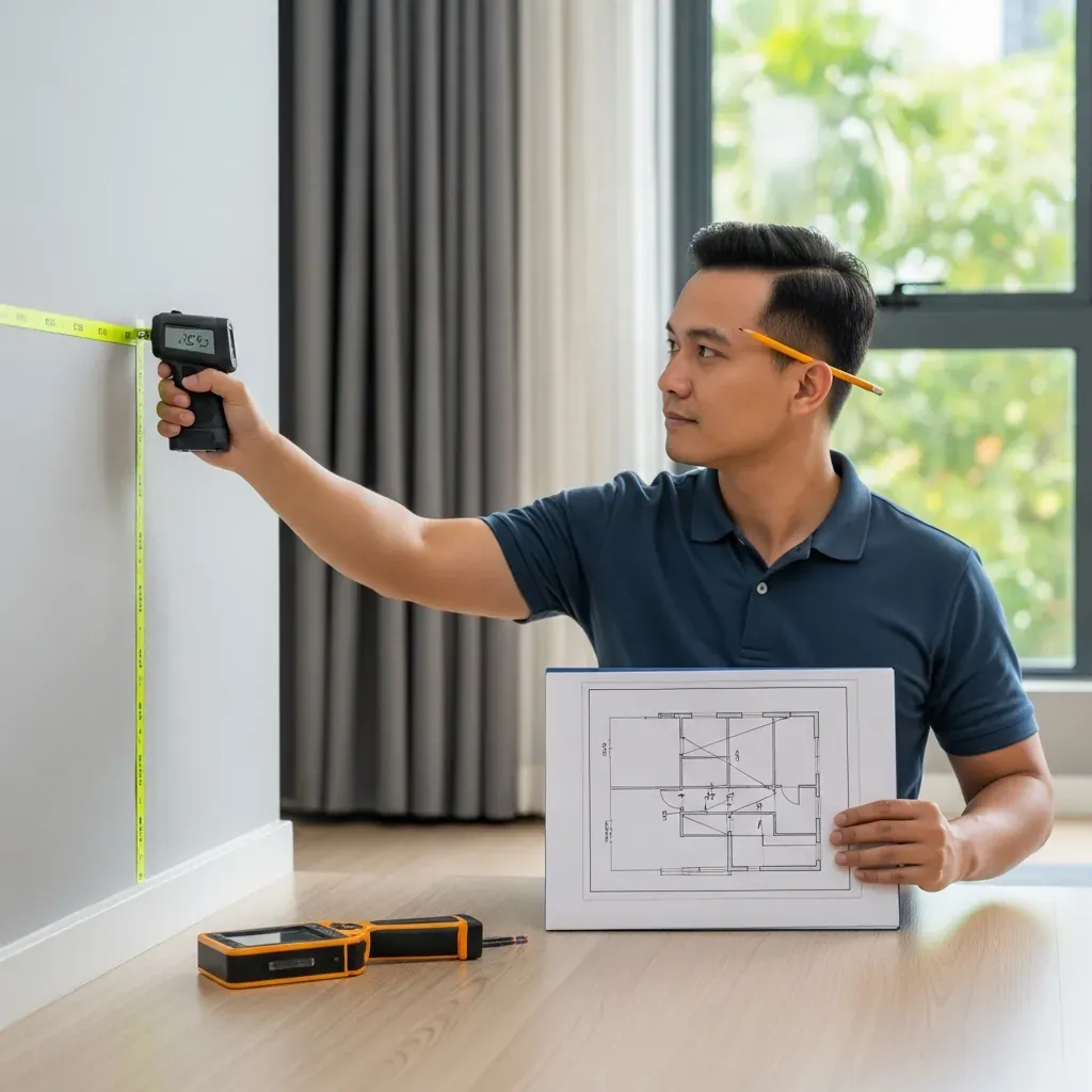 Người đàn ông Việt đang dùng máy đo laser và vẽ sơ đồ mặt bằng cho vách ngăn.