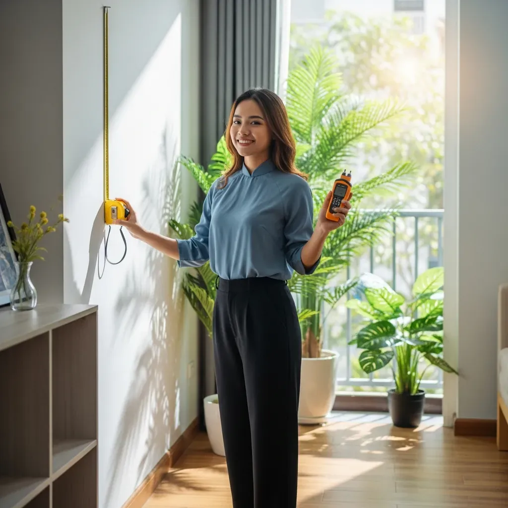 Người phụ nữ Việt đang đo tường bằng thước dây và máy đo độ ẩm trong phòng khách hiện đại.
