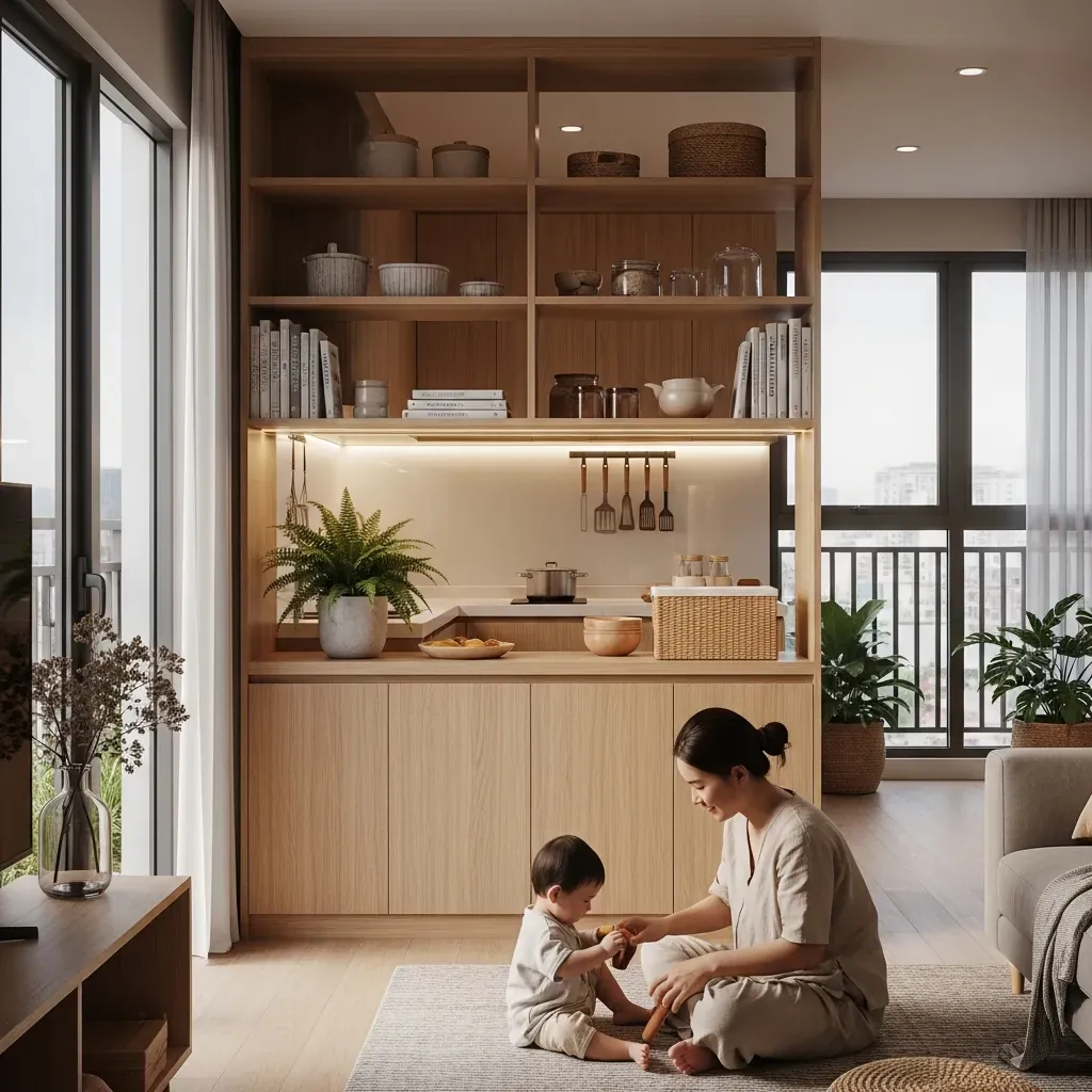 Phòng khách căn hộ TP.HCM với vách ngăn kệ gỗ phong cách Japandi, mẹ và bé đang chơi đùa.