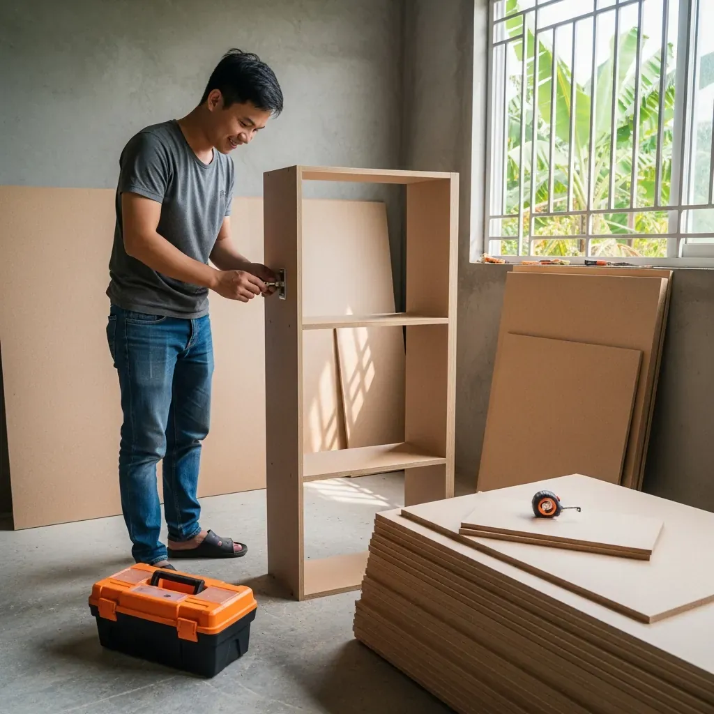 Thanh niên Việt đang tự ráp kệ gỗ công nghiệp tại nhà.