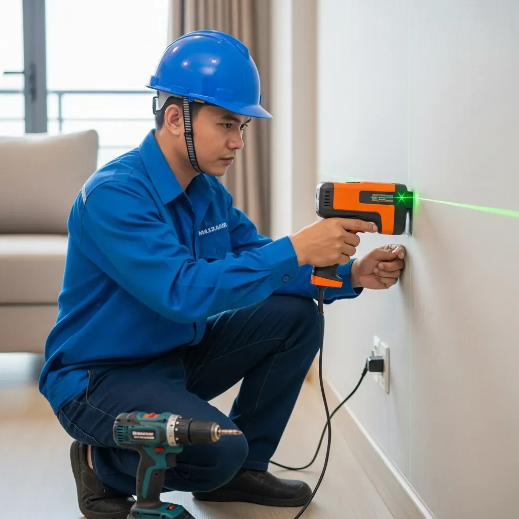 Thợ thi công dùng máy dò điện nước trước khi khoan tường lắp kệ.