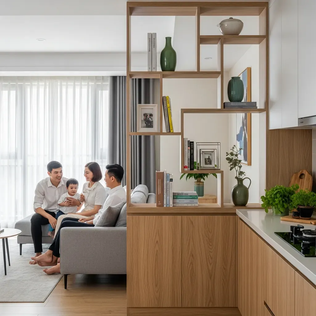Vách ngăn kệ gỗ giữa phòng khách và bếp trong căn hộ Việt Nam hiện đại, gia đình đang sinh hoạt.