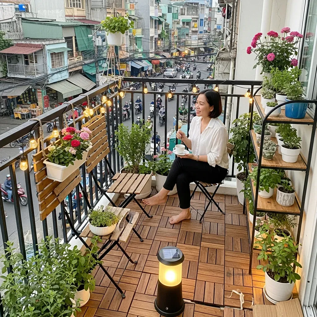 Ban công 3m² được cải tạo thành vườn nhỏ xanh mát ở Sài Gòn với sàn gỗ, kệ cây, bàn ghế gấp và đèn trang trí.