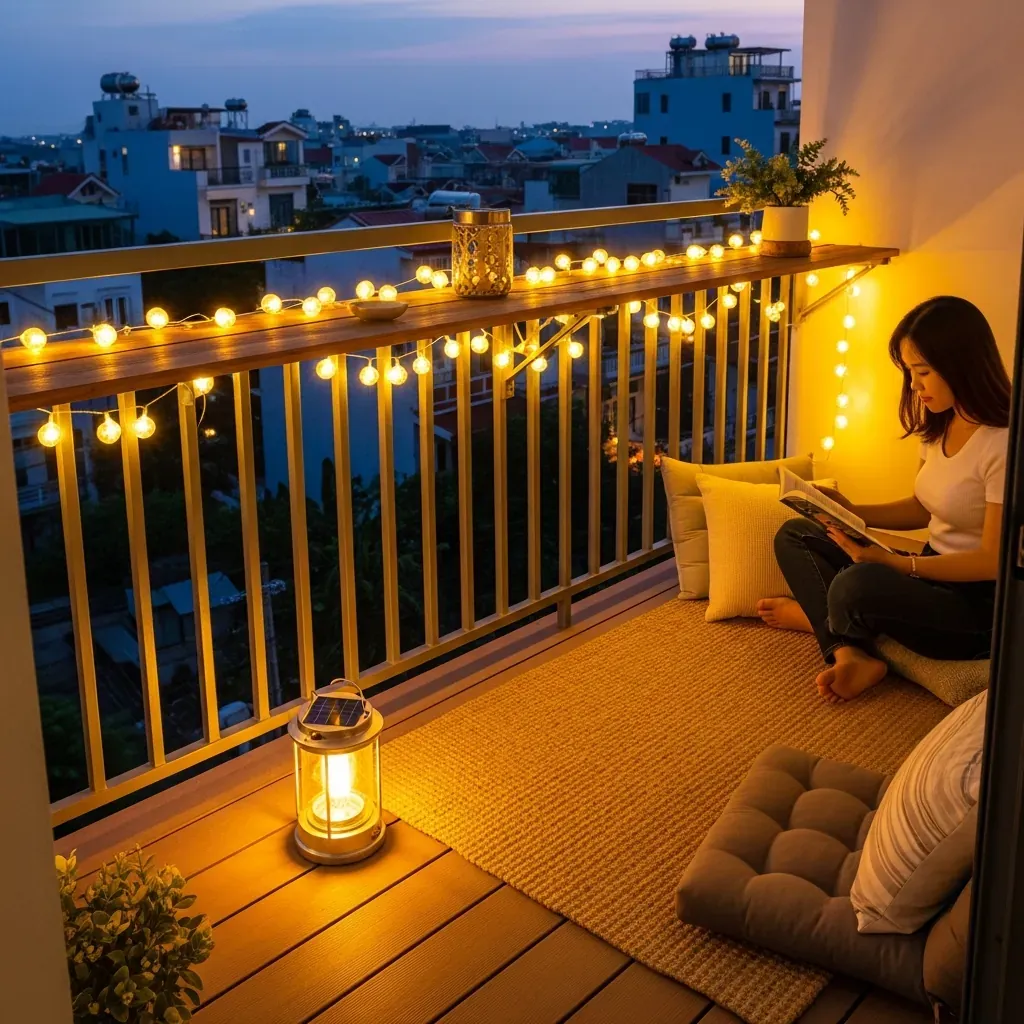 Ban công ấm cúng về đêm với đèn LED dây vàng, đèn năng lượng mặt trời và gối tựa, một phụ nữ đang thư giãn.