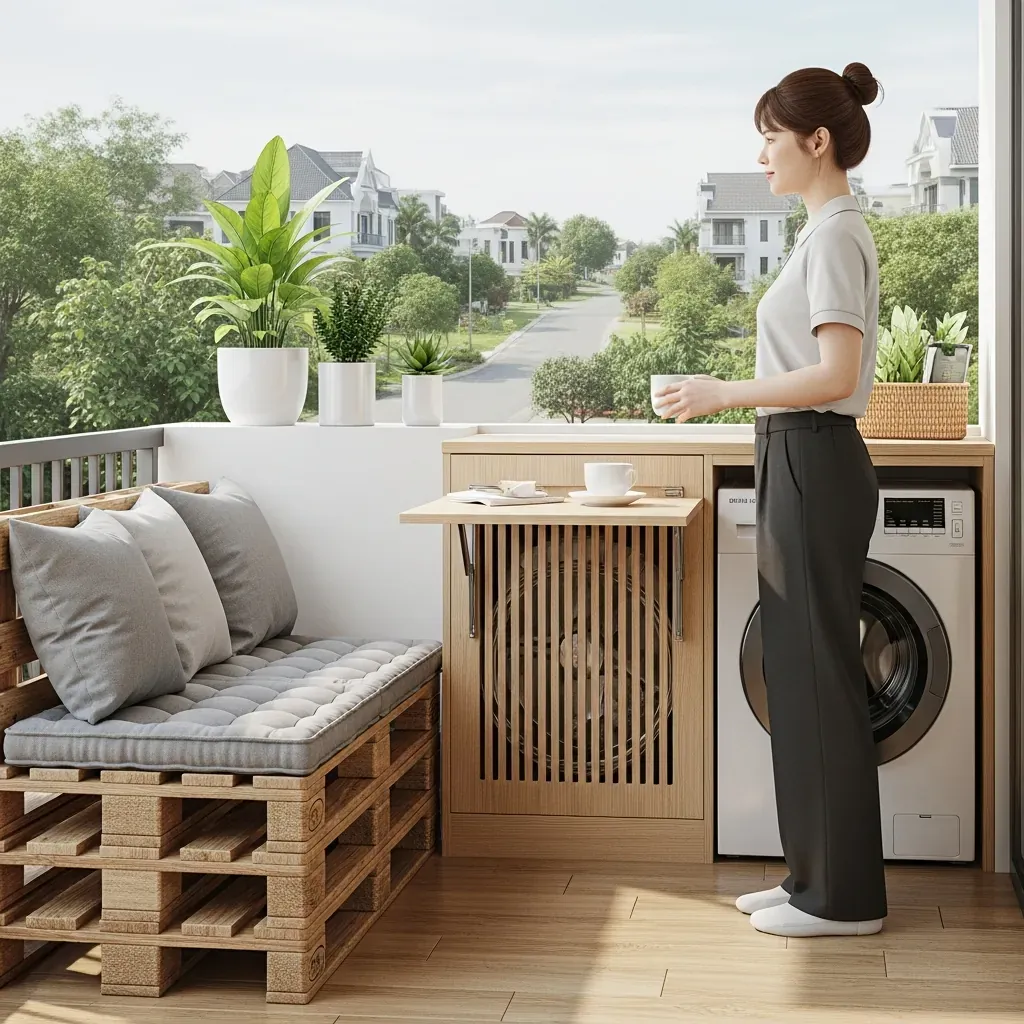 Ban công nhỏ với bàn gấp gắn tường, pallet gỗ tái chế và tủ lam che máy giặt, tối ưu không gian.