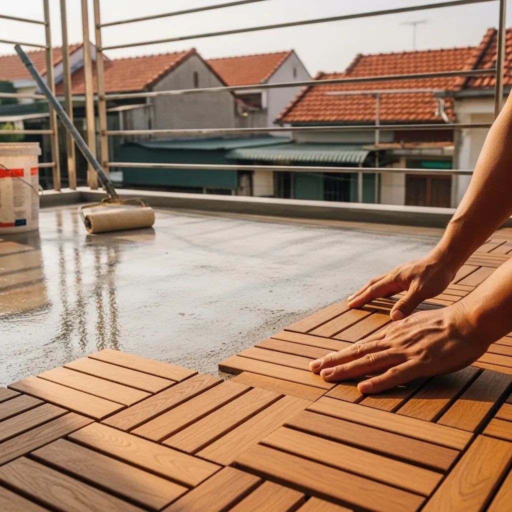 Đôi tay của thợ đang lát vỉ gỗ composite 30x30cm trên sàn ban công sau khi chống thấm.